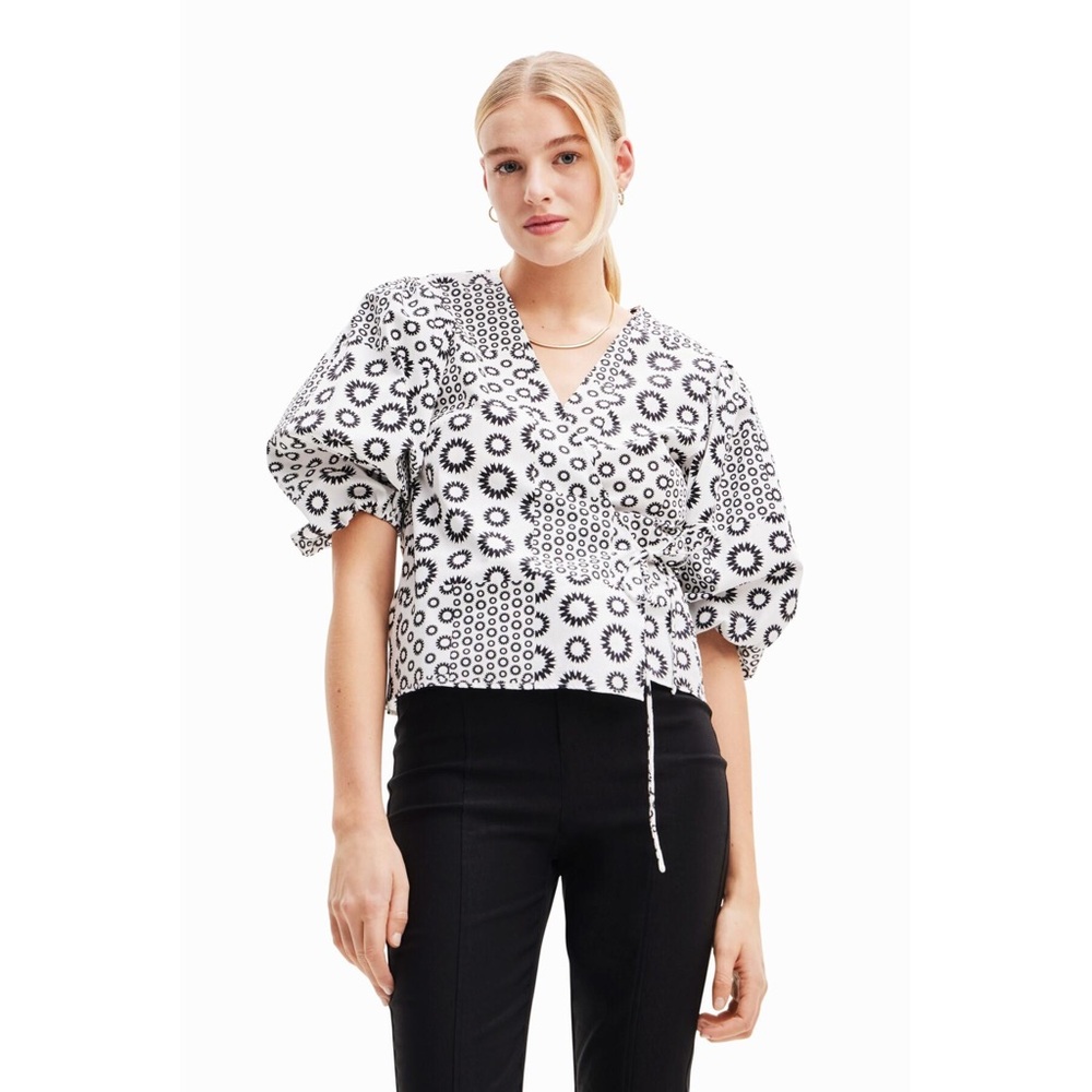 Euc Desigual Puff Sleeve Patchwork Wrap Blouse Top - image 1